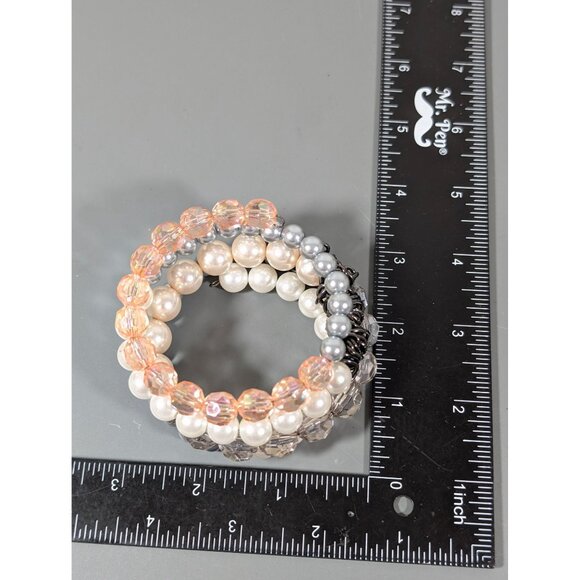 Pink Gray Faux Pearl Beaded Coil Bracelet Gray Metal Chain Wide 7.5" - Picture 8 of 9
